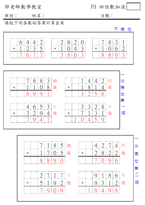 四位數加法(單次進位)